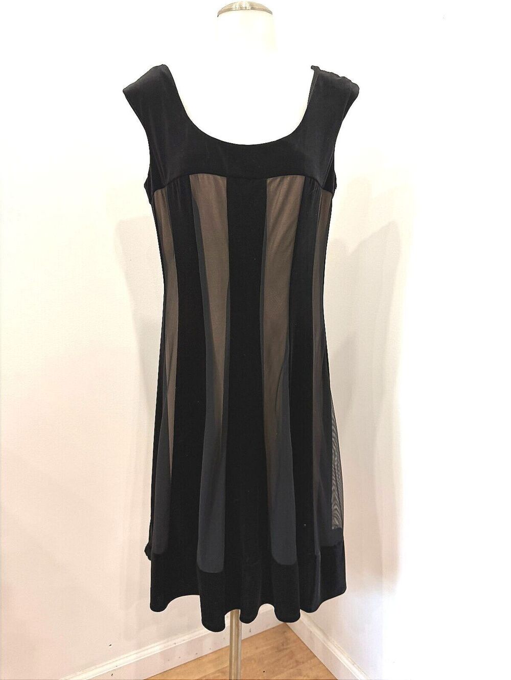 y2k Black and Taupe Sleeveless A-Line Dress with Sheer Panels Connected Apparel